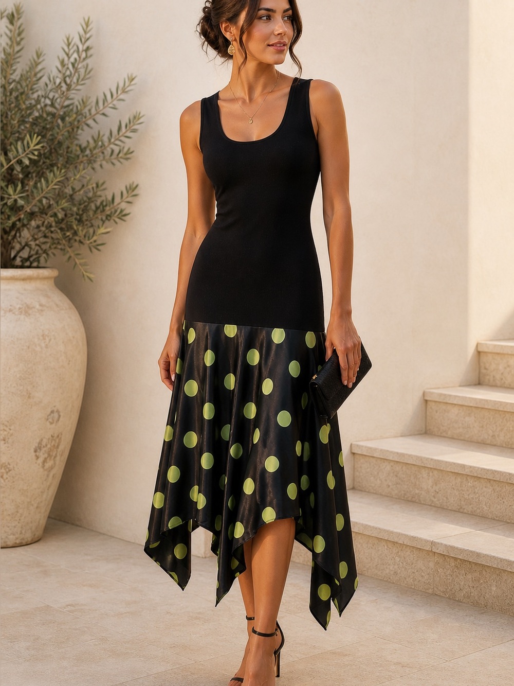 JOSEPH Ribkoff black dress green lime polka dots asymmetric bottom fit & flare 4